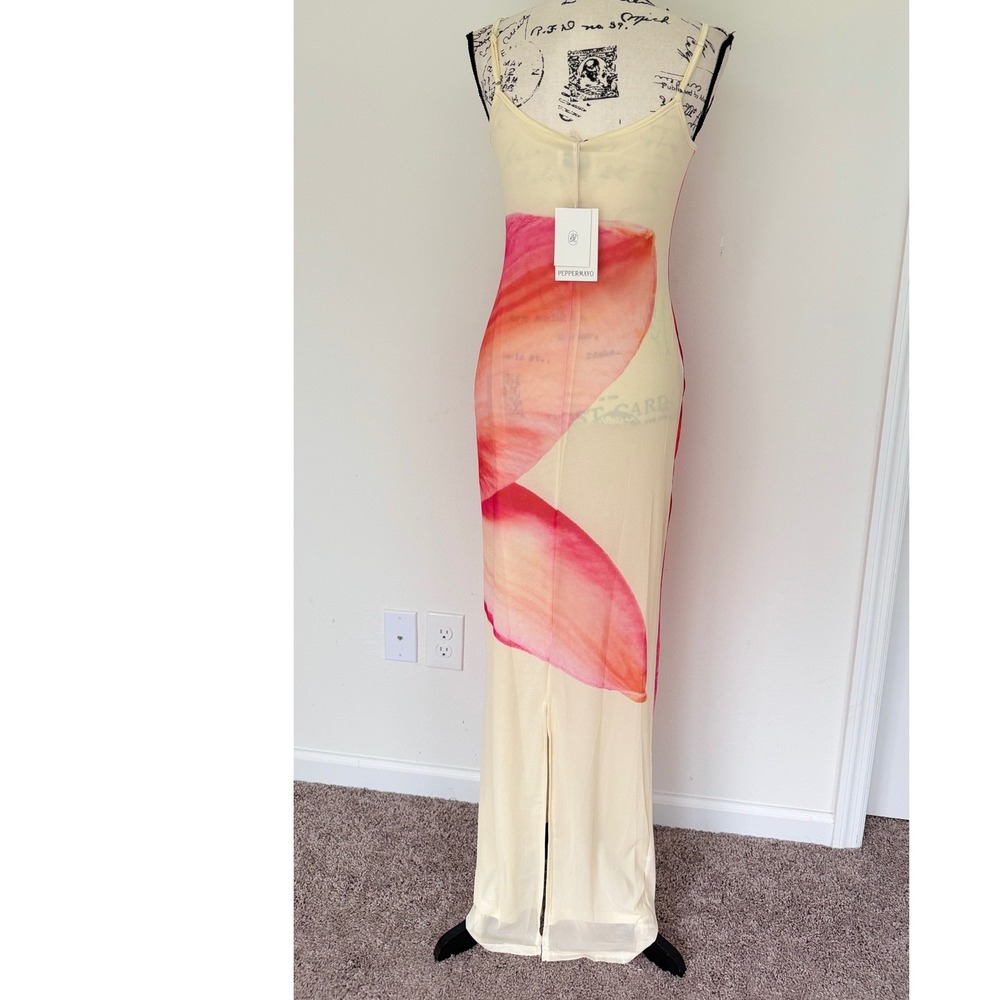 Peppermayo Pink Lily Floral Mesh Maxi Dress Cream Bodycon NWT Size US 6 Summery - Picture 4 of 16